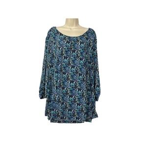 Avenue Top Women 26 28 Blue Black Abstract Print Slinky Travel Knit Ruched Tunic